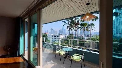 Chic urban balcony with stunning city skyline view, perfect for relaxation and entertaining.