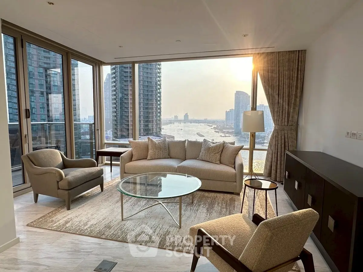 Luxurious living room with stunning city and river view, modern furniture, and elegant decor.