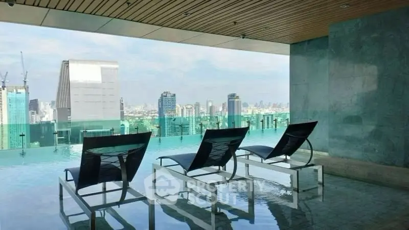 Luxurious rooftop infinity pool with stunning city skyline view and modern lounge chairs.