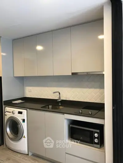 Modern kitchen with sleek cabinetry, built-in appliances, and washing machine in compact layout.