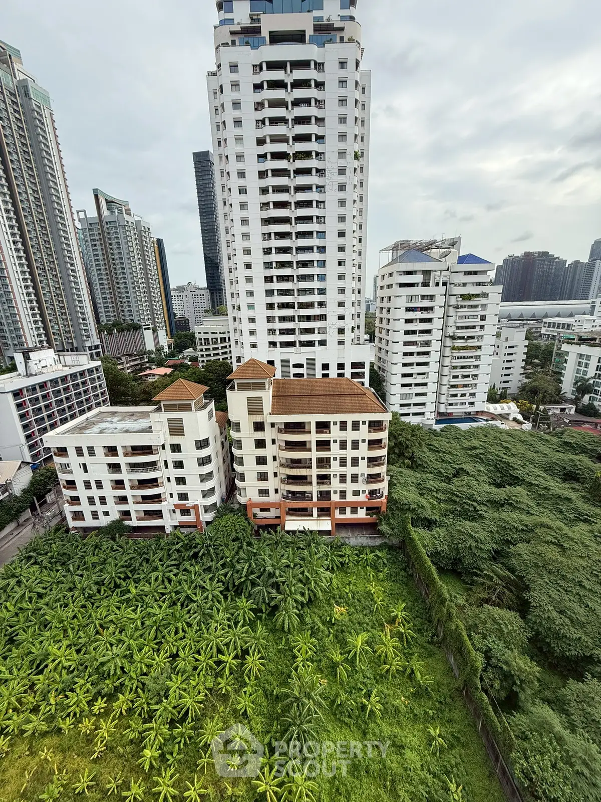 Stunning aerial view of urban high-rise buildings surrounded by lush greenery, showcasing prime real estate location.