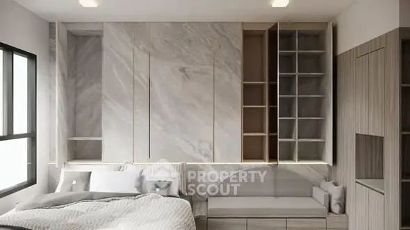 Luxurious modern bedroom with elegant marble wall and built-in storage