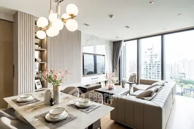 Luxurious modern living room with panoramic city view and elegant decor