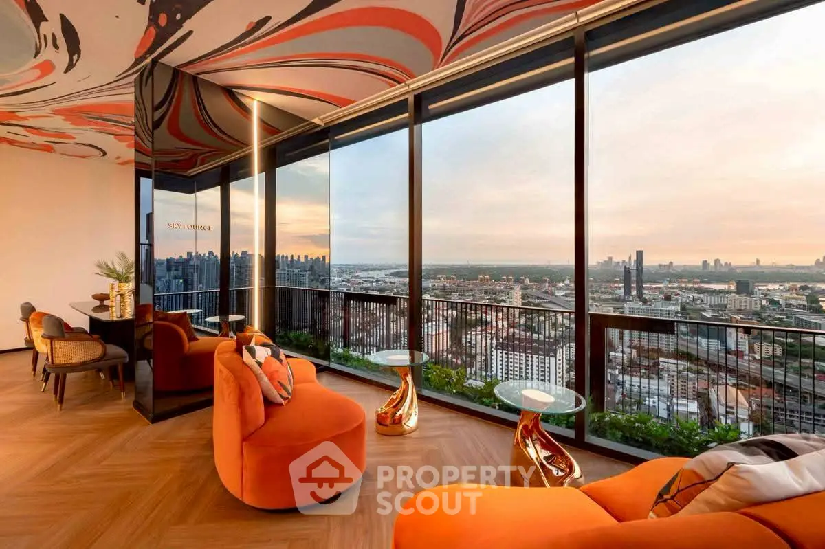 Luxurious living room with panoramic city view and modern decor