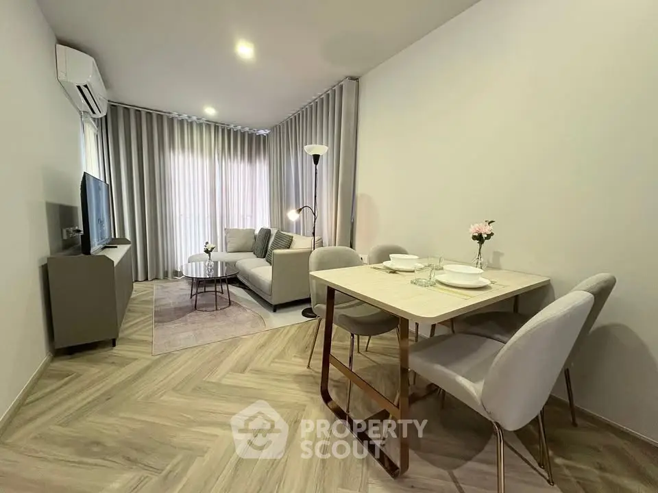 Modern living room with elegant dining area and stylish decor