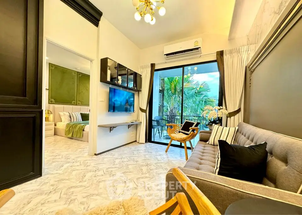 Luxurious living room with modern decor and balcony view