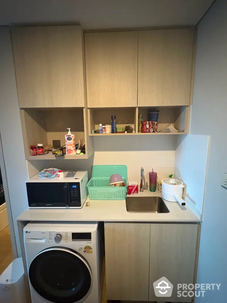 Compact laundry area with washer, sink, and storage cabinets in modern apartment.