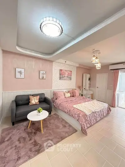 Charming bedroom with cozy decor and stylish lighting in modern apartment.