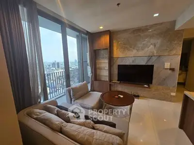Luxurious living room with city view and modern furnishings