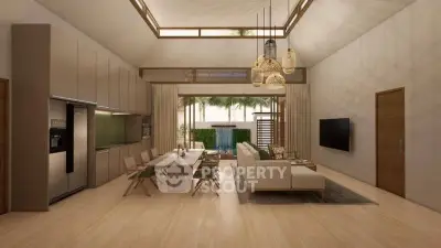 Luxurious open-plan living room with modern kitchen and pool view, featuring elegant lighting and high ceilings.