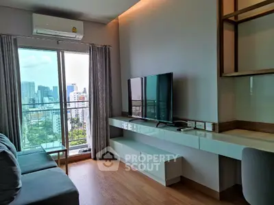Modern living room with city view, sleek furniture, and large window balcony access.