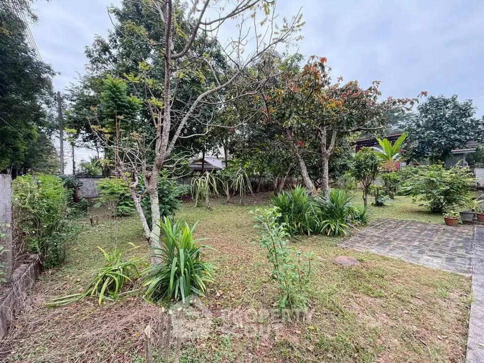 Spacious garden with lush greenery and mature trees in a serene residential area.