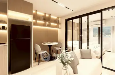 Modern open-plan living room with sleek kitchen and cozy dining area, featuring elegant lighting and contemporary decor.
