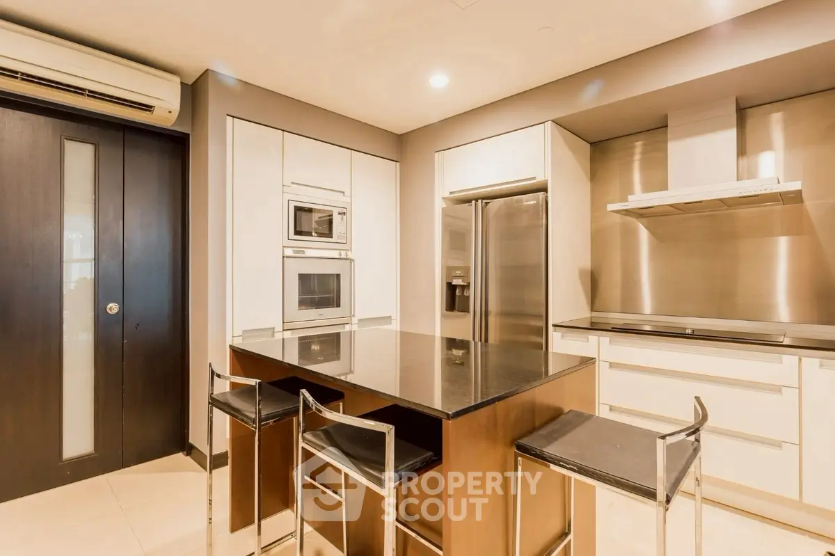 Modern kitchen with sleek appliances and stylish island seating