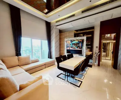 Luxurious modern living room with elegant dining area and city view, perfect for sophisticated urban living.