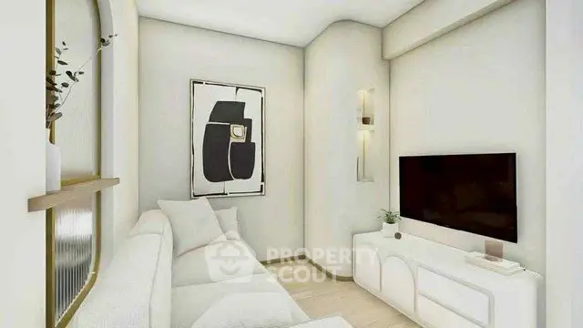 Modern minimalist living room with sleek design and neutral tones