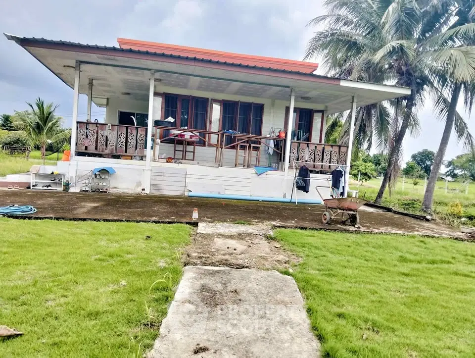 Charming rural house with spacious porch and lush green surroundings, perfect for serene living.
