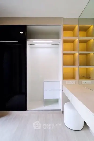 Modern minimalist closet with built-in shelves and sleek design