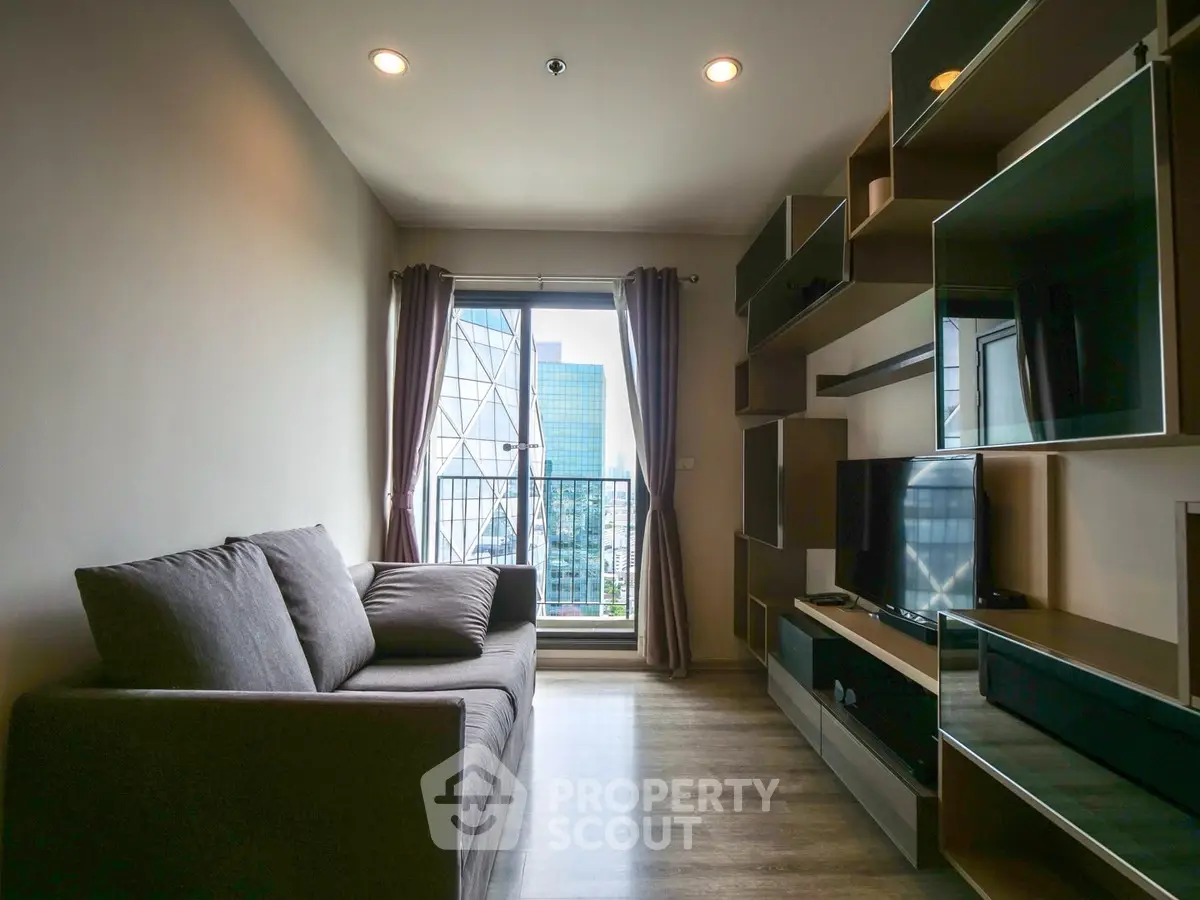 Modern living room with city view and stylish shelving