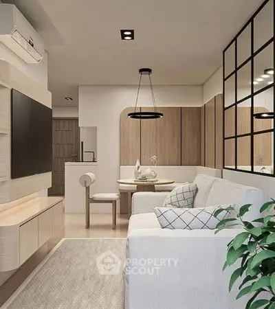 Modern living room with sleek design, featuring a cozy sofa, stylish lighting, and contemporary decor.