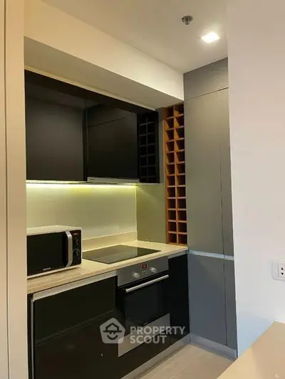 Modern kitchen with sleek black cabinets and built-in oven, featuring a compact and efficient design.
