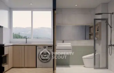 Modern bathroom with washing machine and scenic window view