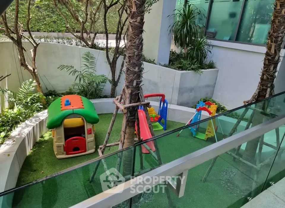 Charming outdoor play area with swings and playhouse in lush garden setting.