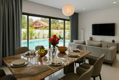 Luxurious open-plan living room with pool view, elegant dining area, and modern decor.