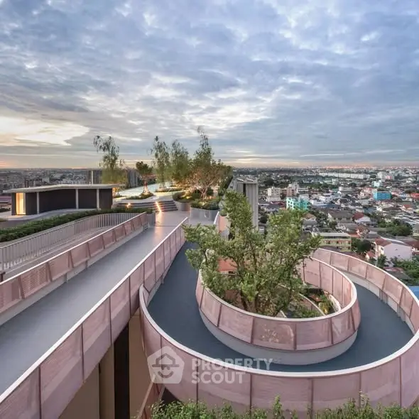 Stunning rooftop garden with panoramic city views and modern design.