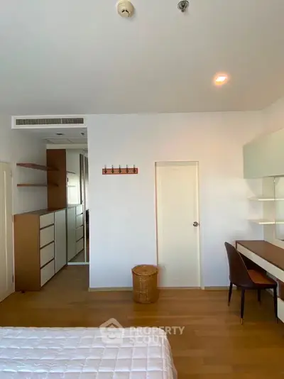 Modern bedroom with built-in storage and sleek workspace