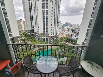 Stunning high-rise balcony view with pool and cityscape, perfect for urban living.