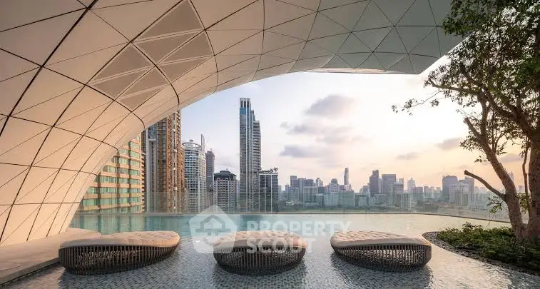 Luxurious rooftop pool with stunning city skyline view at sunset.