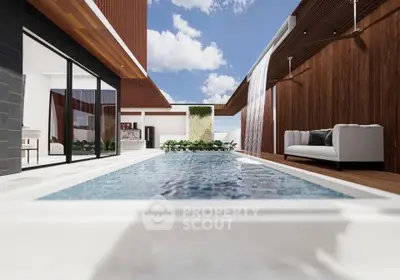 Luxurious modern pool area with sleek design and waterfall feature