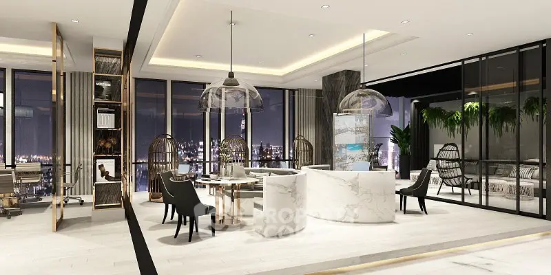 Luxurious modern living room with city view, elegant decor, and stylish furniture.