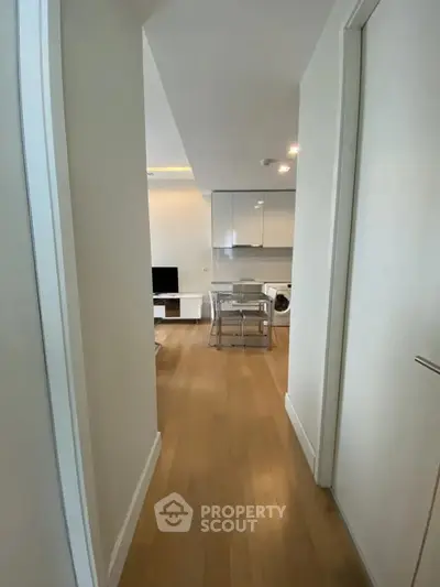 Modern apartment hallway leading to a stylish living area with wooden flooring and sleek furniture.