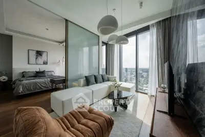 Luxurious modern living room with panoramic city view, stylish furniture, and elegant decor.