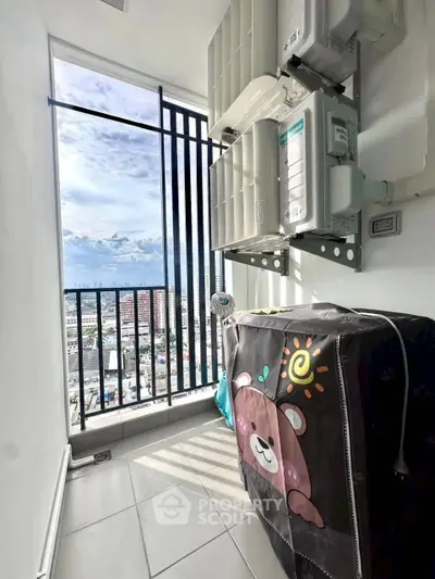 High-rise balcony with city view and air conditioning units, perfect for urban living.