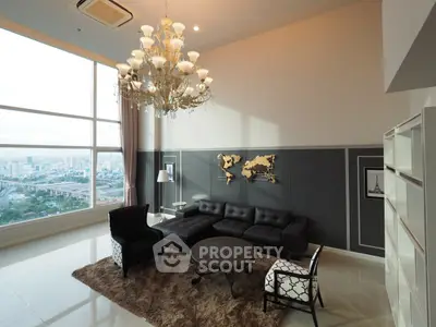 Luxurious living room with stunning city view, elegant chandelier, and modern black furniture.