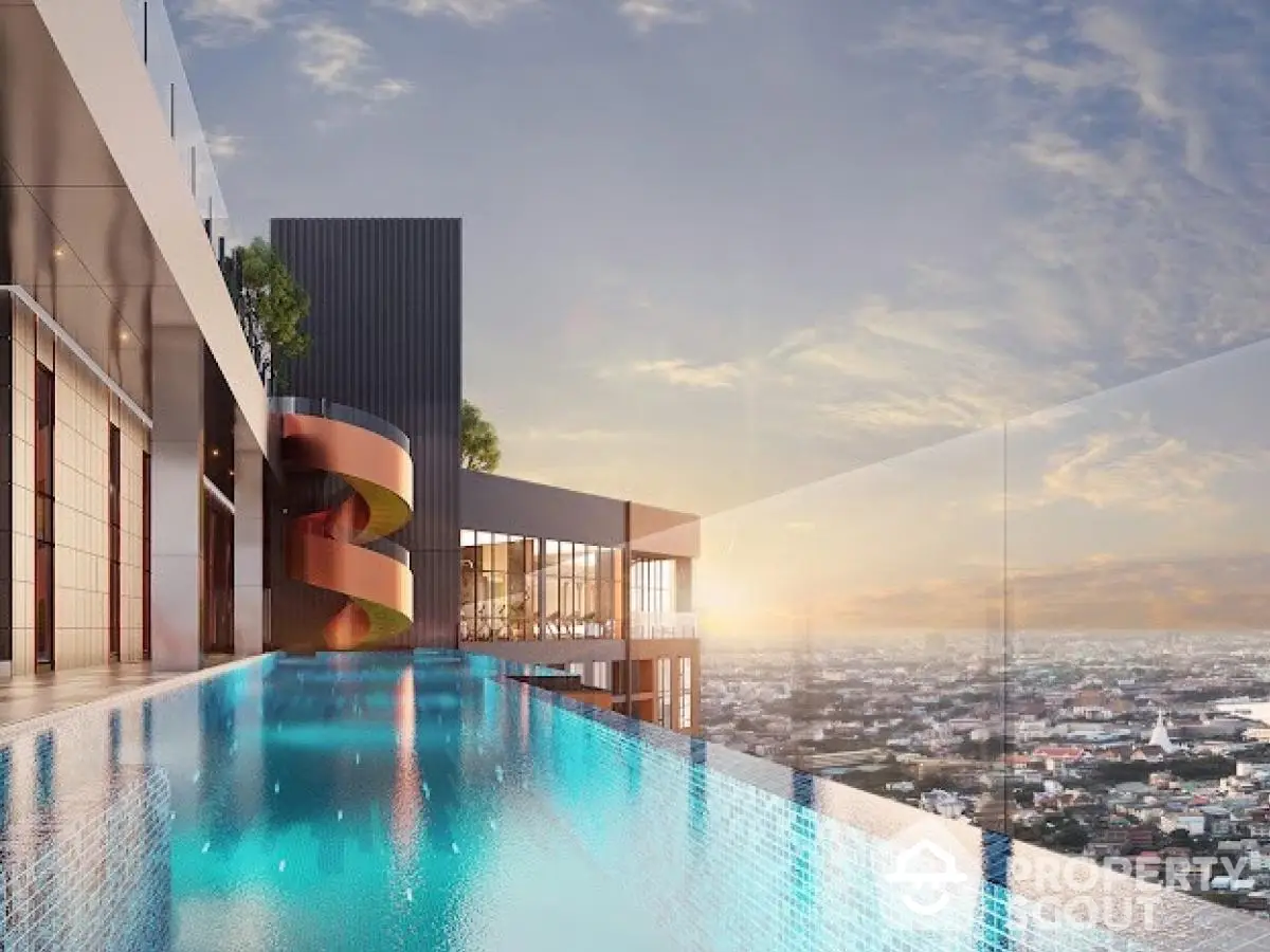 Luxurious rooftop infinity pool with stunning city skyline view at sunset