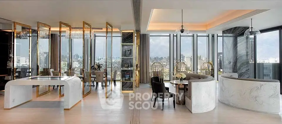 Luxurious modern living room with panoramic city views and elegant dining area