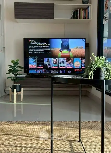 Modern living room with sleek TV setup and stylish decor
