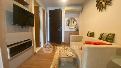 Cozy living room with modern decor and wall-mounted TV