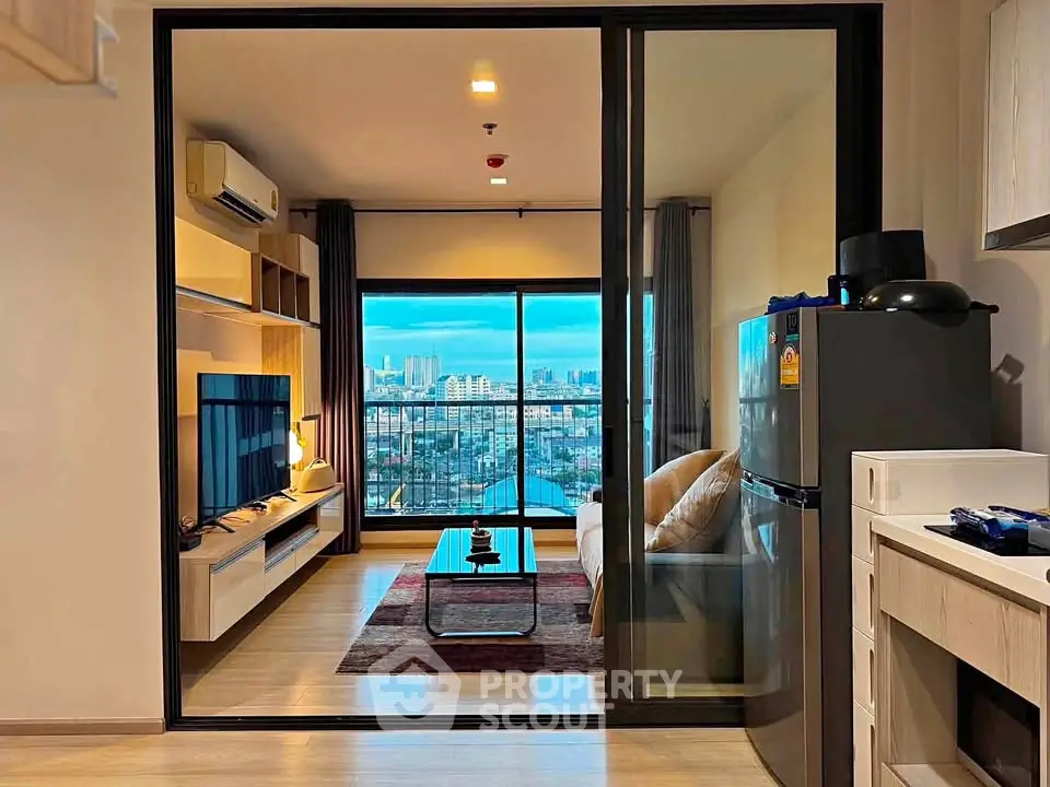 Modern living room with city view, featuring sleek furniture and open layout, perfect for urban living.