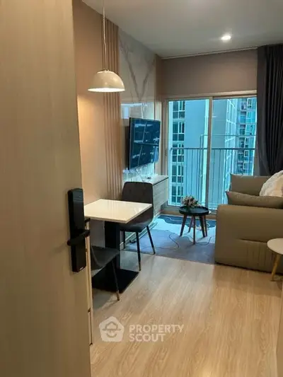 Modern living room with balcony view in a stylish apartment