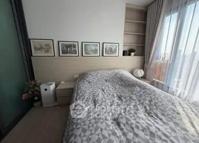 Modern bedroom with stylish decor and city view