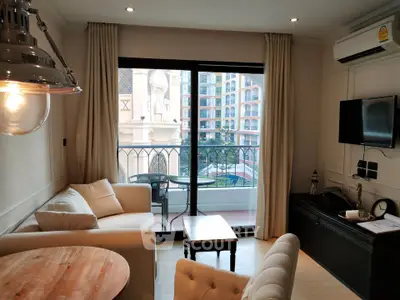 Chic living room with balcony view in modern apartment