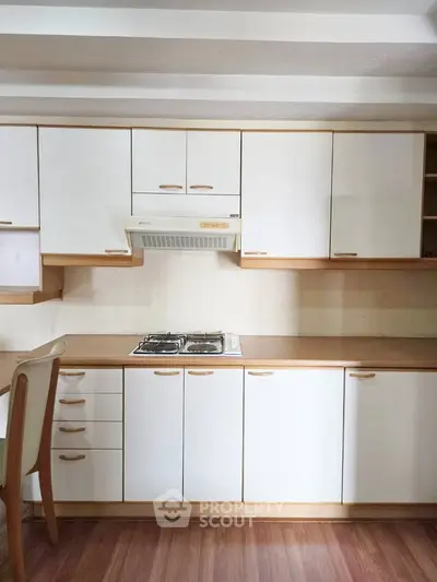 Modern kitchen with white cabinets and gas stove, featuring a sleek wooden countertop.