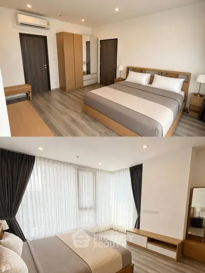 Spacious modern bedroom with elegant decor and large windows for natural light.