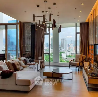 Luxurious living room with stunning city view and modern decor