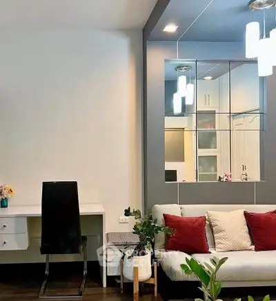 Modern living room with stylish decor and cozy seating area